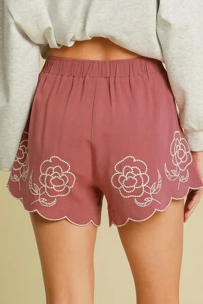 Full Size Linen Blend Shorts with Floral Embroidered Details Plus Size