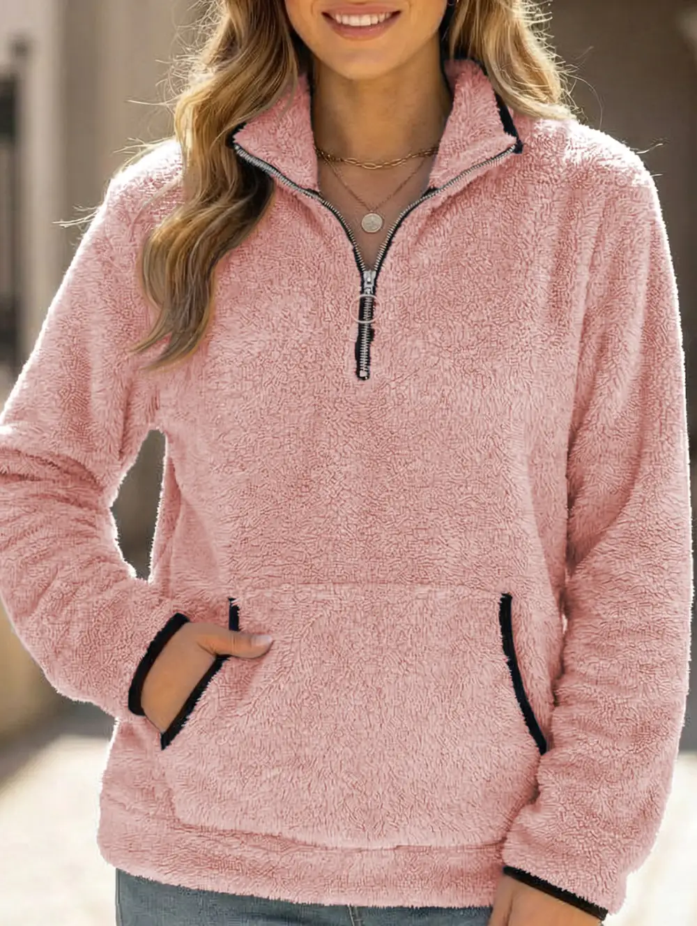 High Neck Zip Up Pocket Sweatshirt