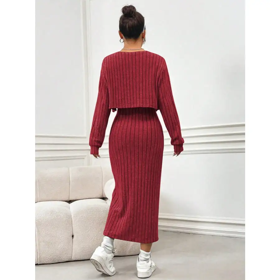 Ribbed Long Sleeve Cropped Cardigan and Slit Cami Dress Set