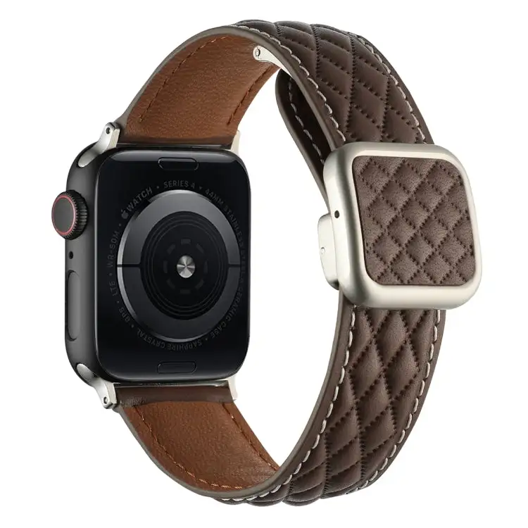Rhombus Pattern Magnetic Square Buckle Leather Watch Band for Watch SE 2023 44 mm - Dark Coffee