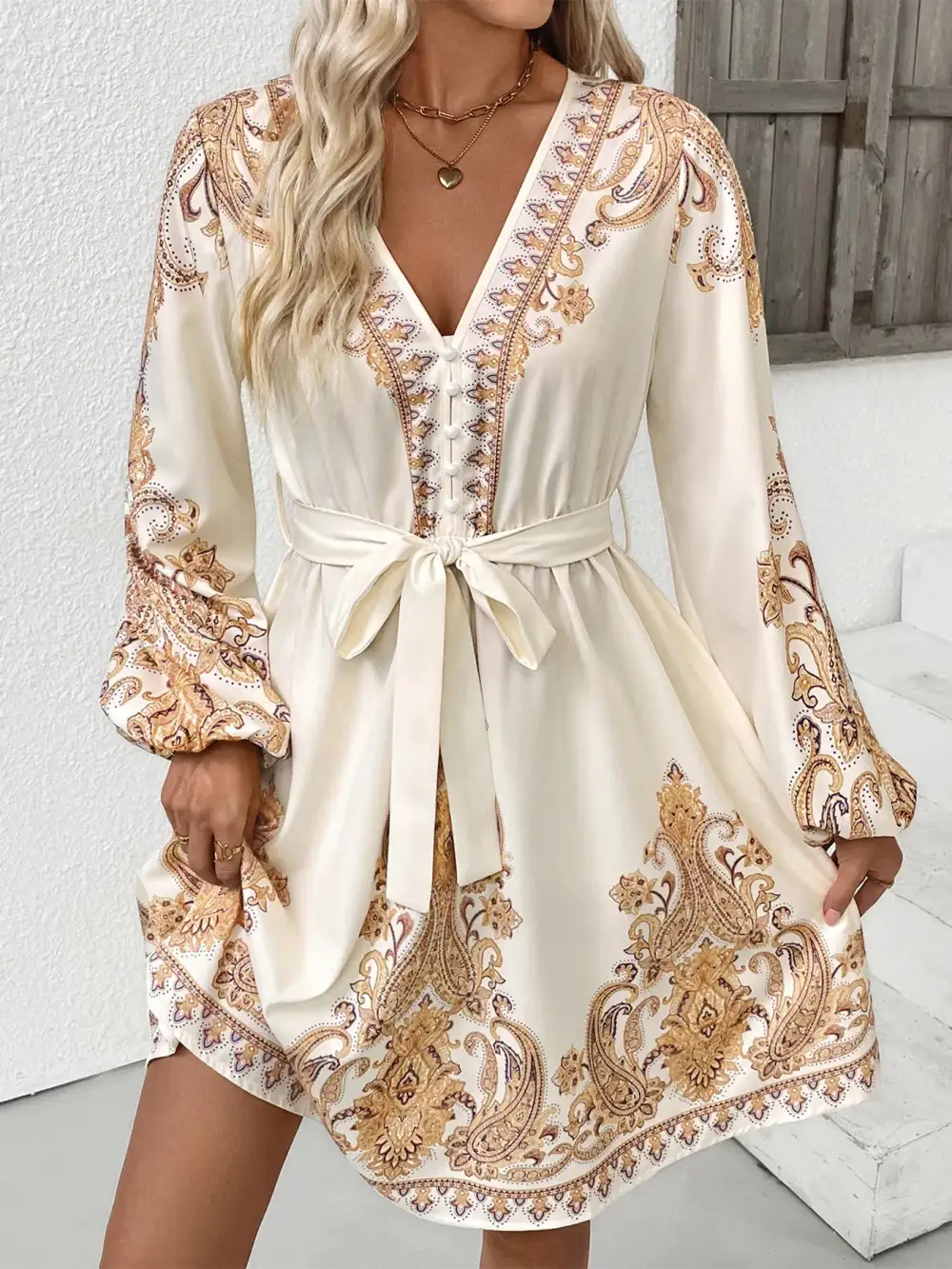 Lightweight Feel Printed Tie Waist Long Sleeve Dress