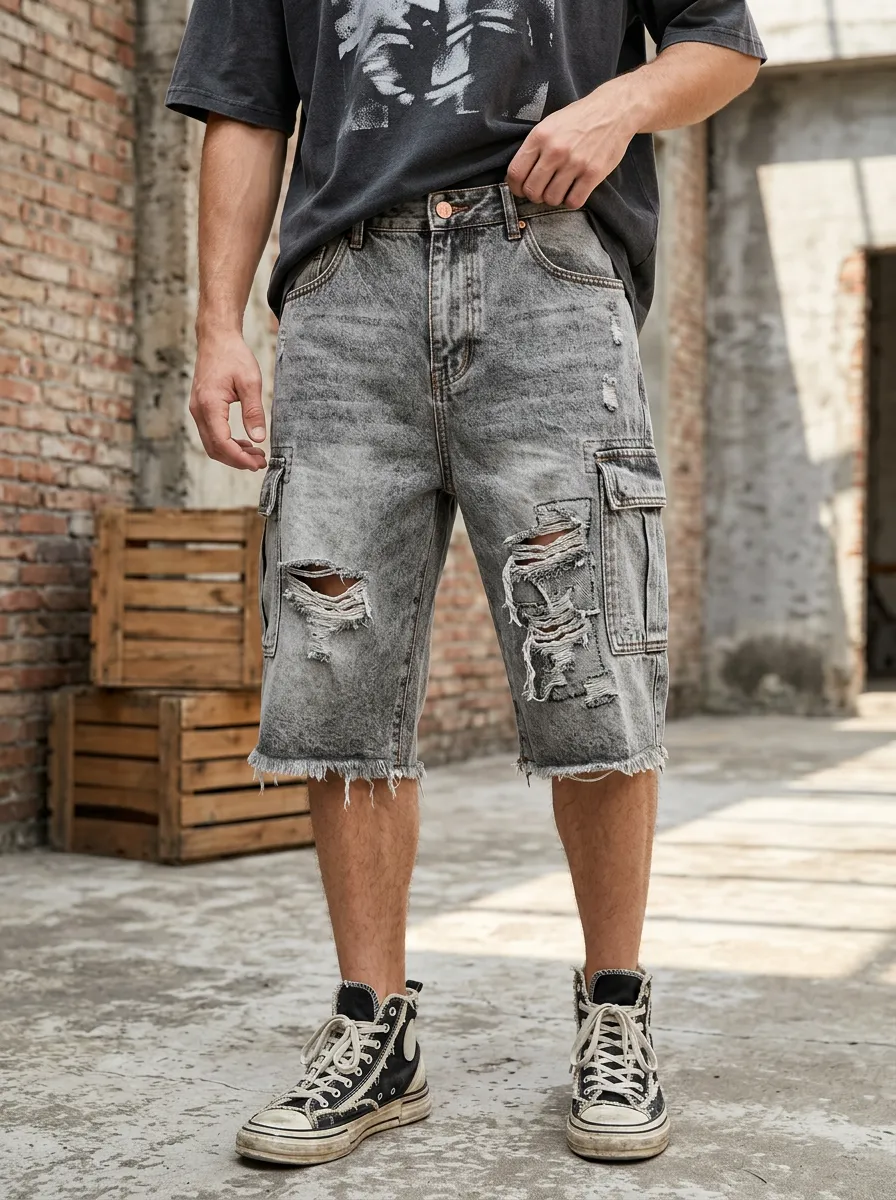 Men's Cargo Denim Shorts Featuring Five Pocket and Washed Styling