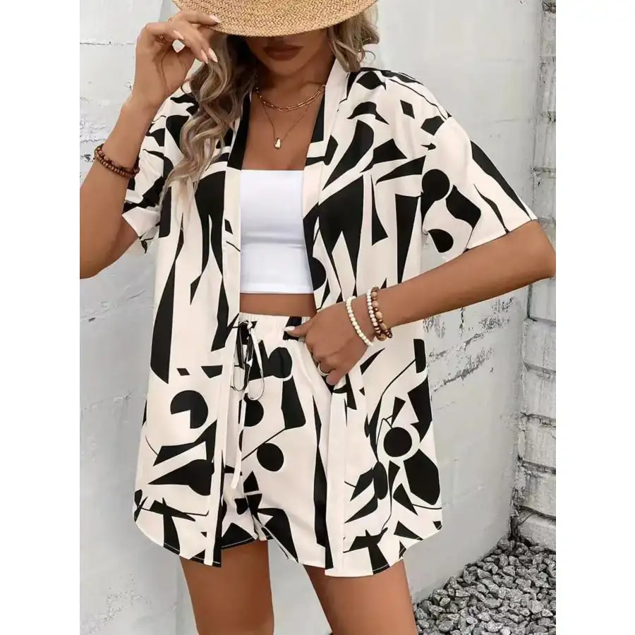 Printed Open Front Cardigan and Shorts Set