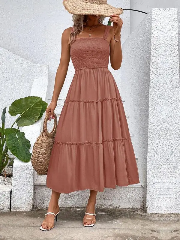 Women'S Frill Trim Ruffle Hem Shirred Backless Sundress Cami Dress, Sleeveless A Line Long Dress, Women'S Clothing For Summer Beach Holiday, Boho Clothes Women, Vintage Girly Clothes,