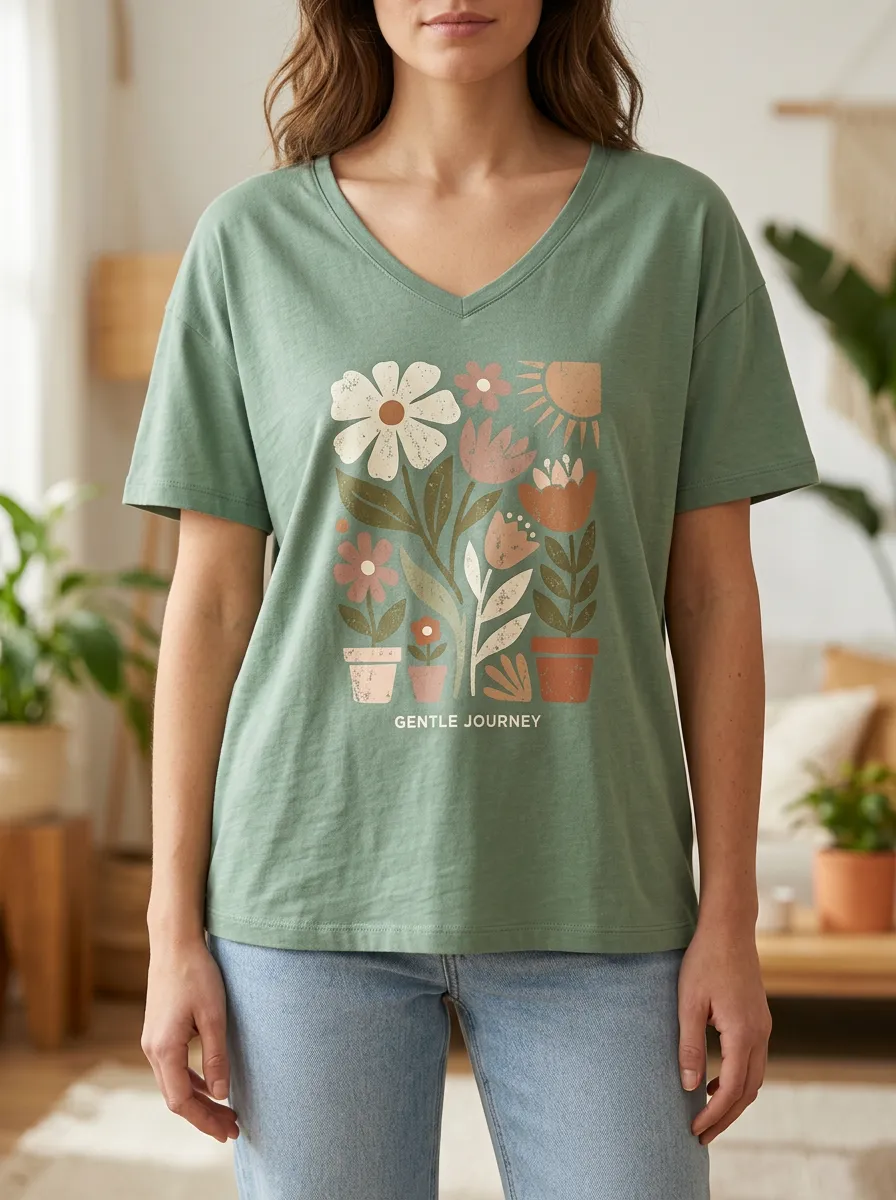 Women's Botanical Plant Gentle Journey Print V-Neck T-Shirt