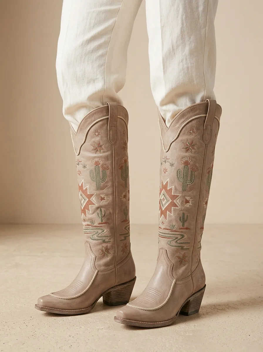 Women's Western Cactus Wing Star Embroidered Piped Pointed-Toe Denim Over-the-Knee Boots