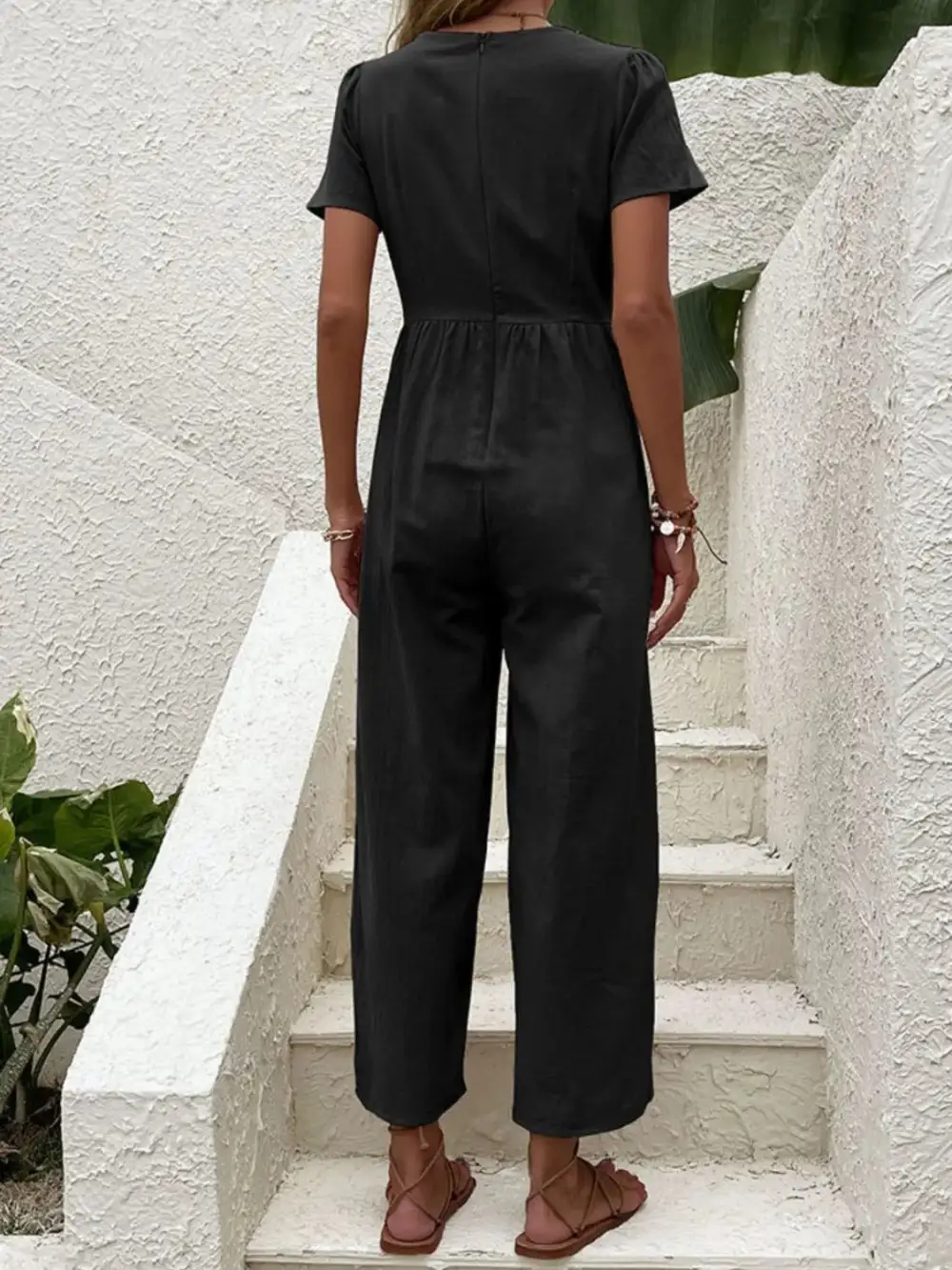 V Neck Short Sleeve Wide Leg Shorts