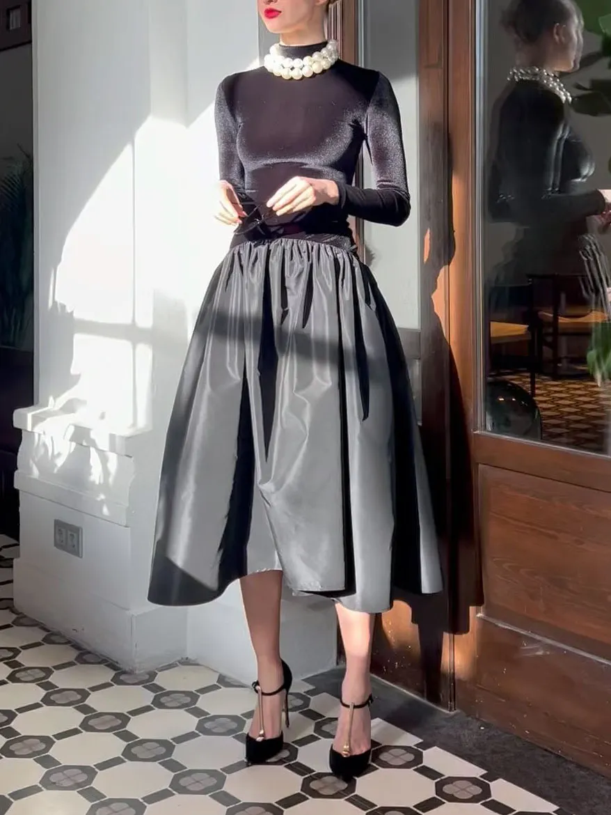 Elegant High Neck Velvet Patchwork Midi Dress