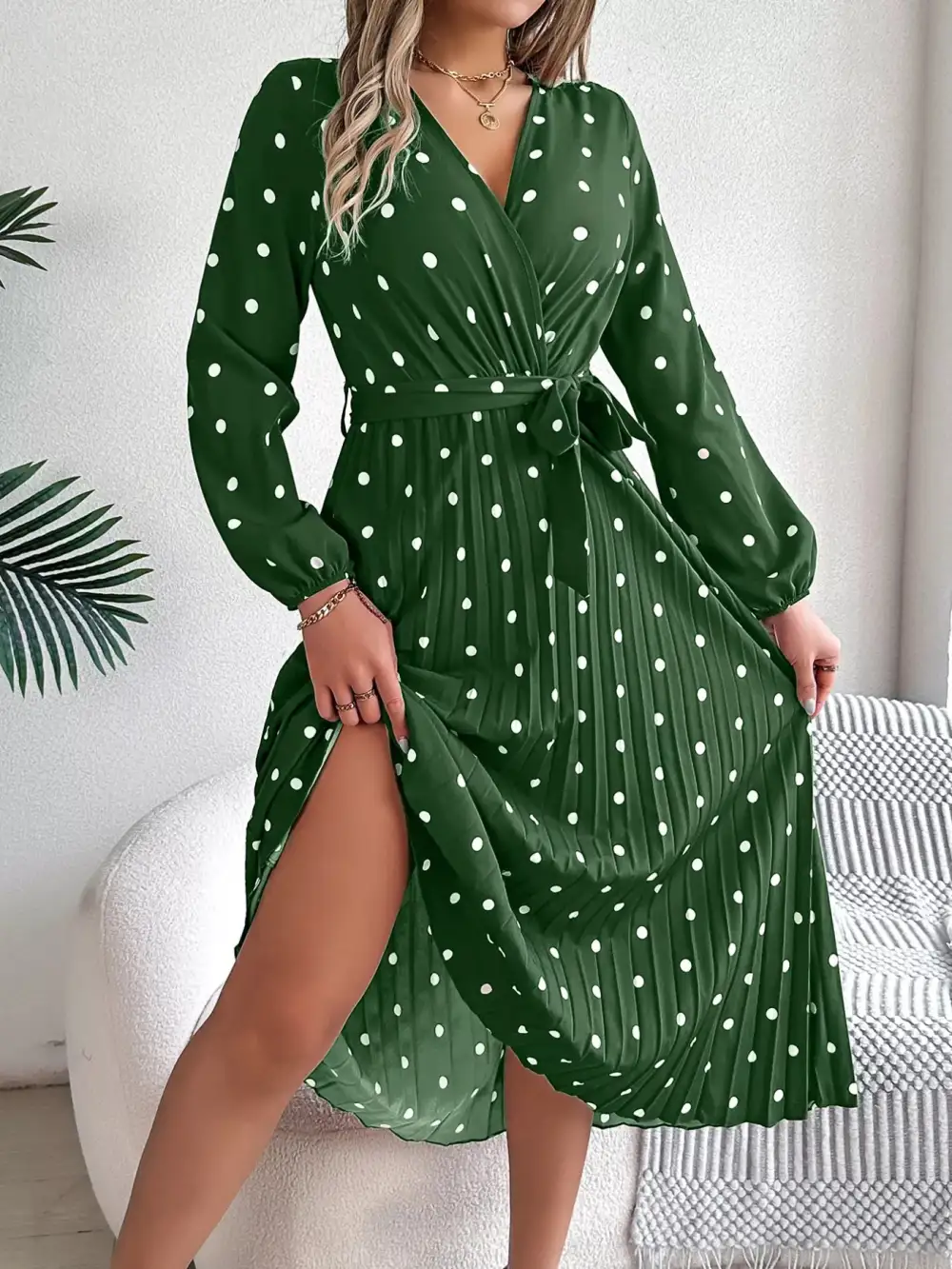 Polka Dot Pleated Midi Dress