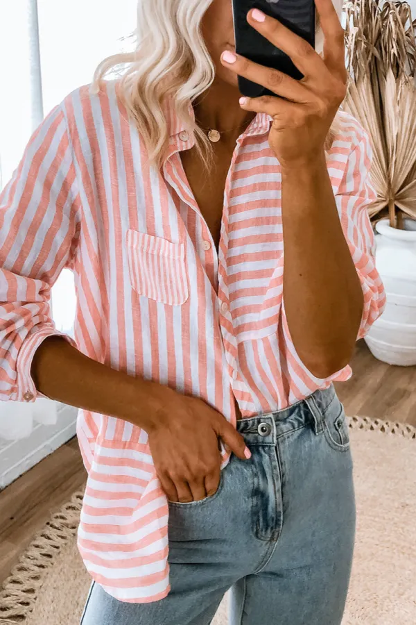 Striped Long Sleeve Button Front Shirt Blouse