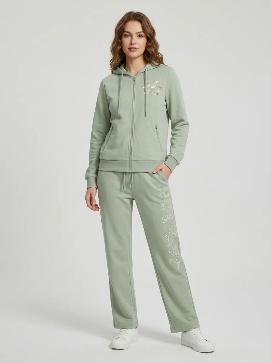Women's Sage Green Drawstring Joggers Zip-Up Hoodie Jacket & Jogger Set