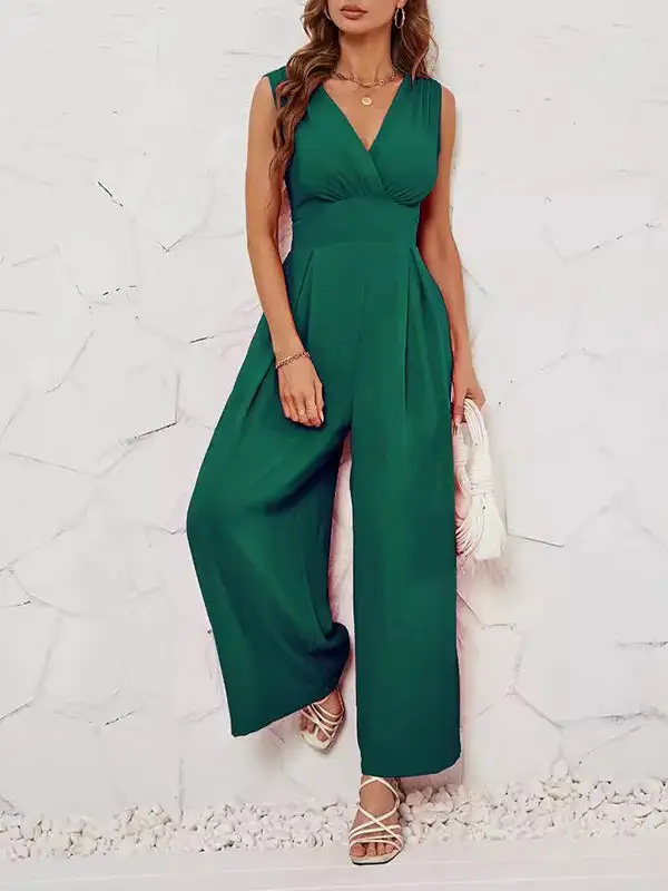 Losse Mouwloze Geplooide Jumpsuits Met Split Joint V