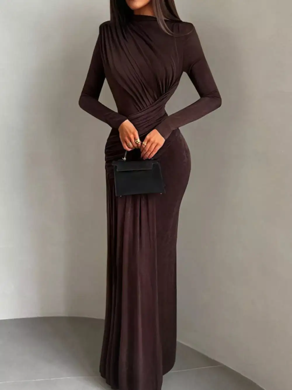 Polished Detail Ruched Long Sleeve Maxi Dress