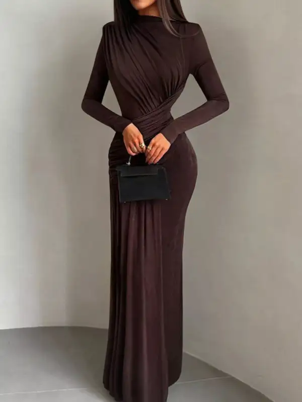Polished Detail Ruched Long Sleeve Maxi Dress