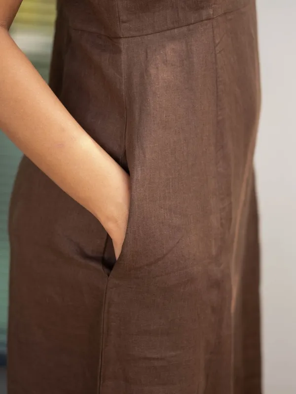 Brown Linen Square-Neck Midi Dress