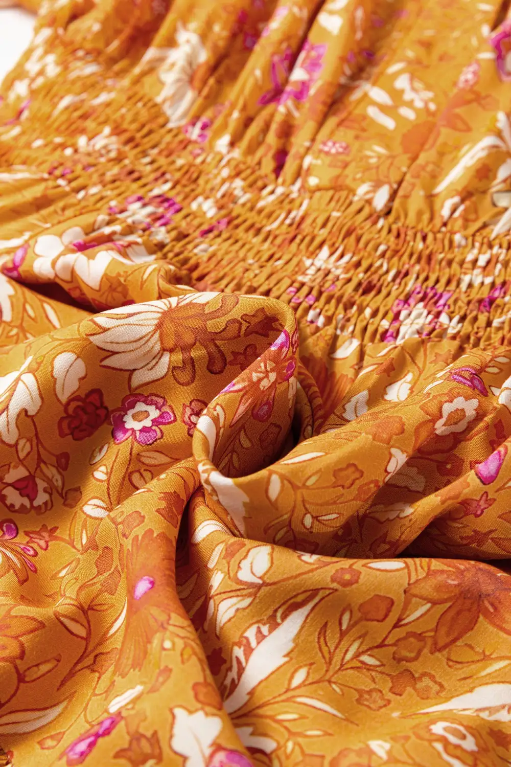 Polished Detail Floral Printed Smocked Maxi Dress