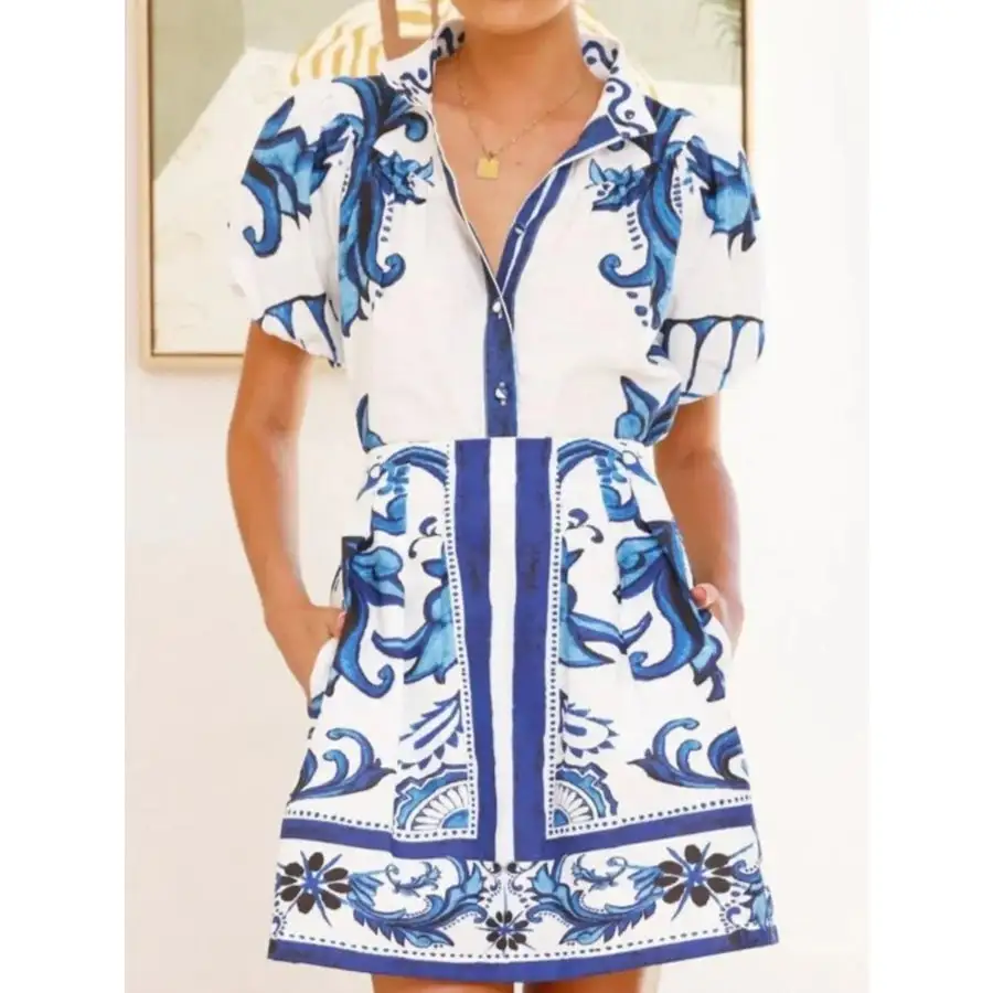 Printed Puff Sleeve Top and Skirt Set