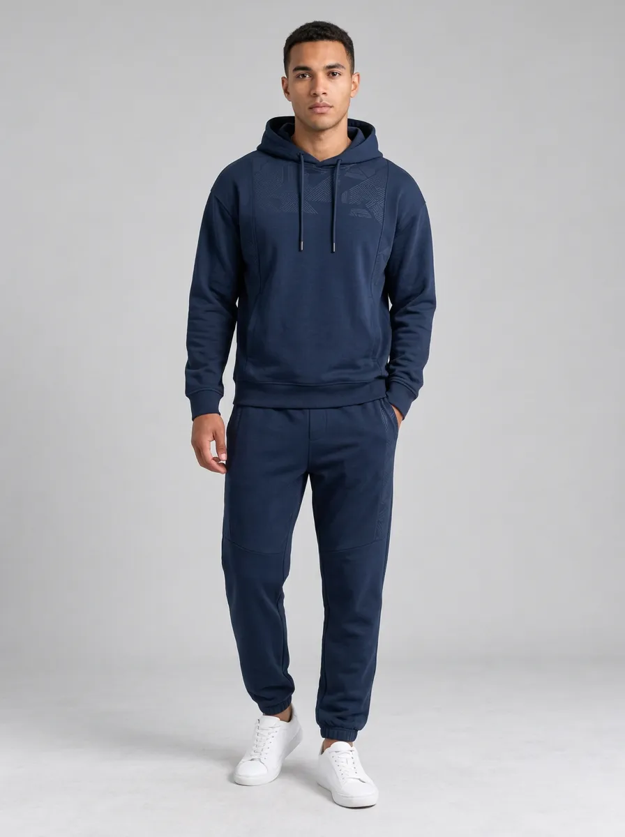 Men's Navy Geometric Pattern Printed Hoodie Jogger Set