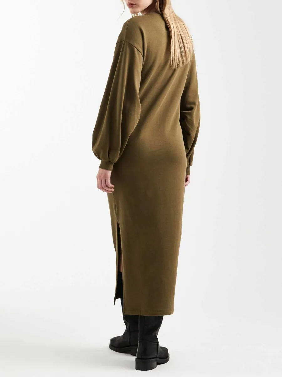 Lantern-Sleeve Split Midi Dress