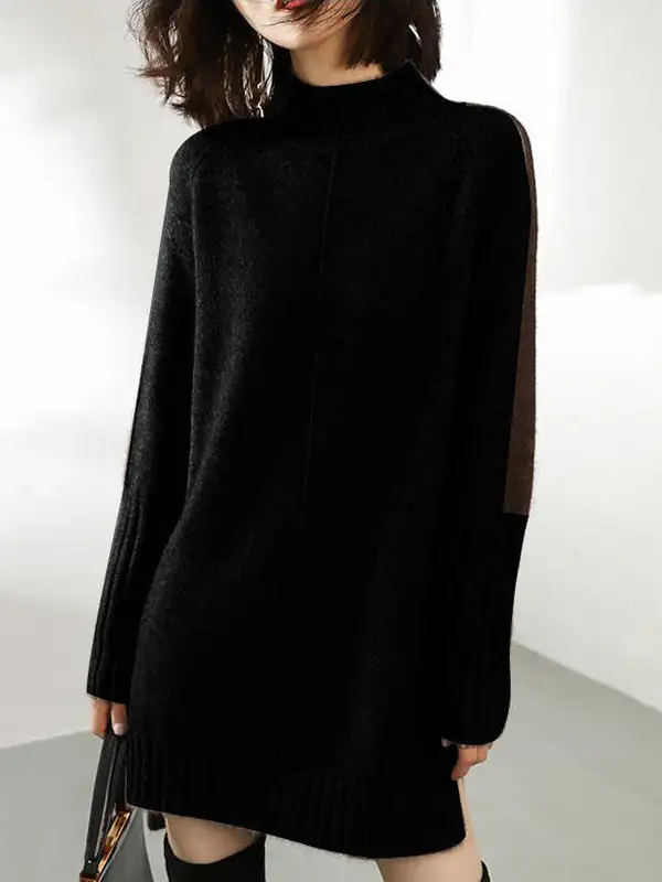 Relaxed Long Sleeve Contrast Color Half Turtleneck Sweater Dress