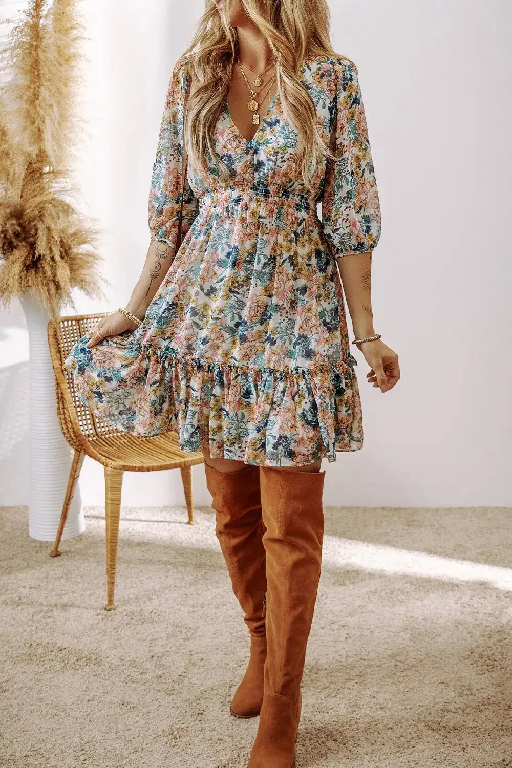 Gathered Detail Floral Printed Ruffle Mini Dress
