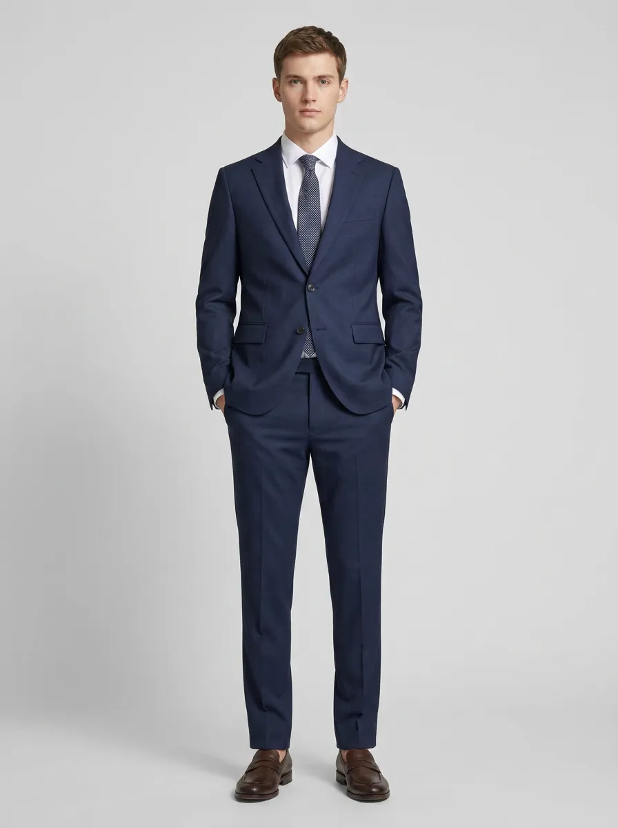 Men's Two Button Business Formal Navy Blue Solid Tailored Suit