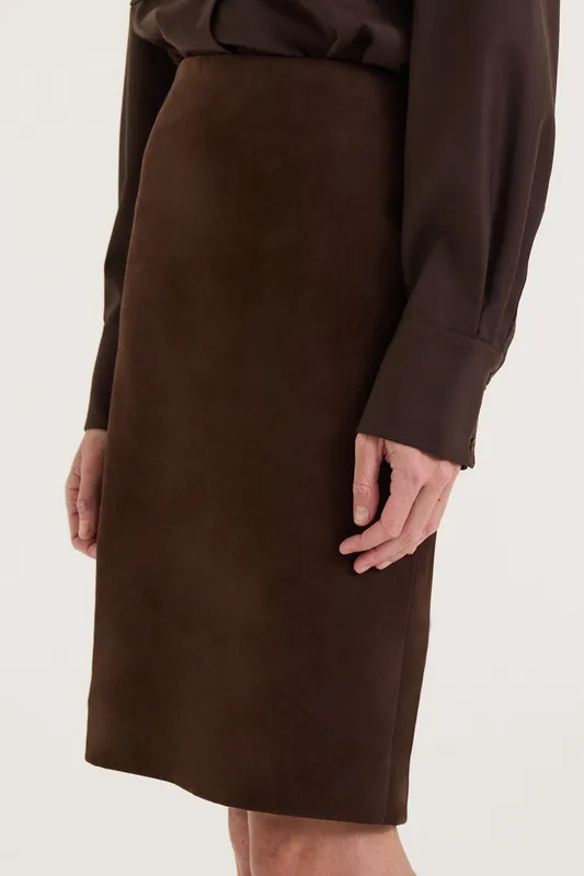 Chocolate Suede-Effect Tailored Skirt
