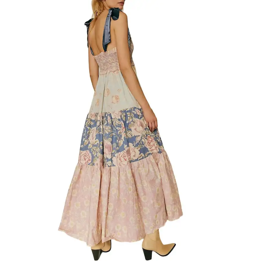 Smocked Tie Shoulder Printed Maxi Dress