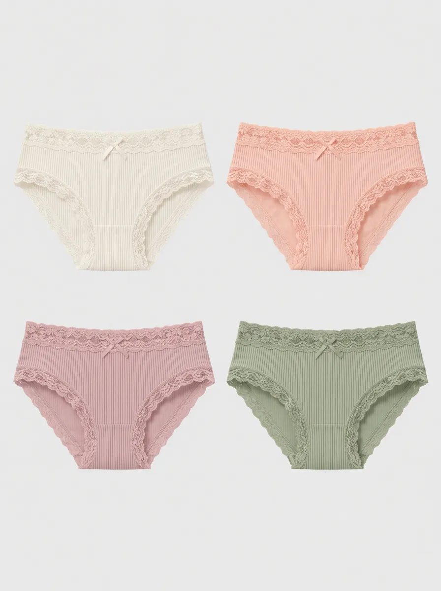 Women's Multicolor Ribbed Lace-Trim Briefs 4-Pack