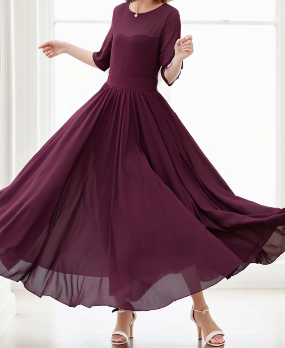 Refined Chiffon Fit And Flare Swing Boat Neck Maxi Dress