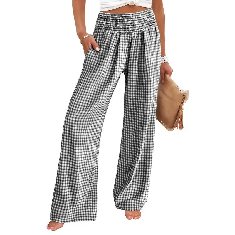 Women's High-Waisted Casual Striped And Checkered Wide-Leg Pants