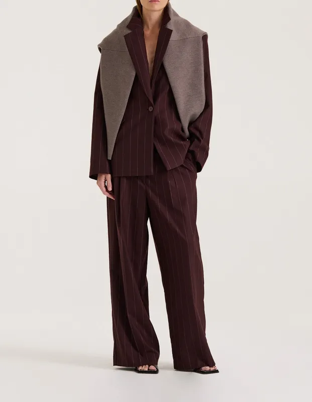 Burgundy Pinstripe Oversized Single-Breasted Blazer