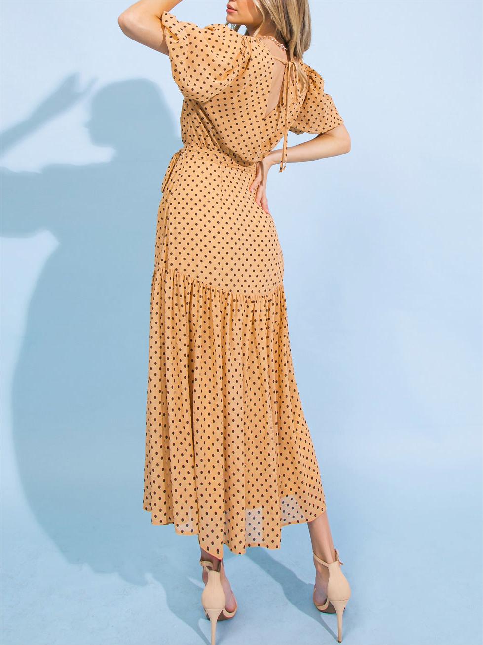 Tan Polka - Dot Wrap Midi Dress