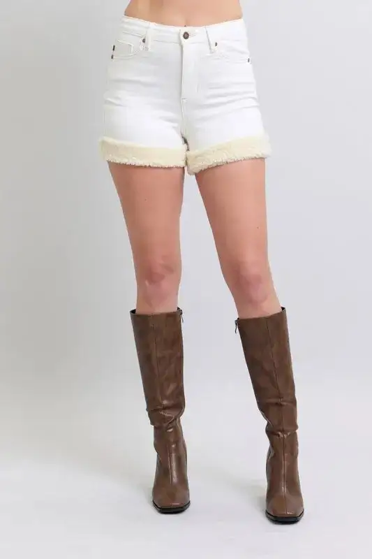 High-Waist Shearling Cuff Denim Shorts