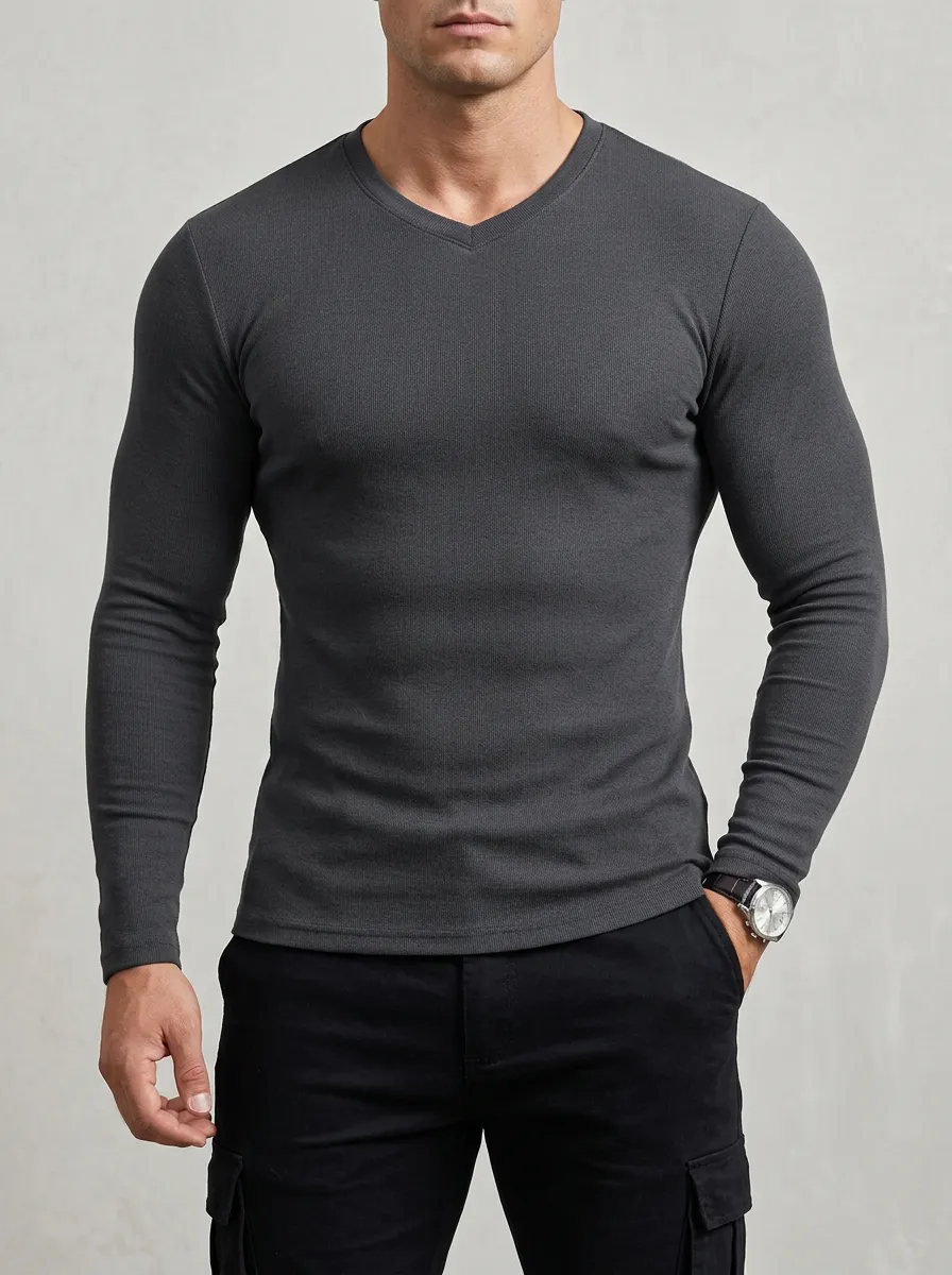 Casual Ribbed V-Neck Detail Men's Slim Fit Short Sleeve T-Shirt
