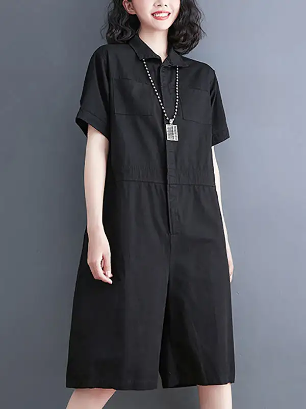 Eenvoudige Jumpsuits Met Effen Kleur En Revers Korte