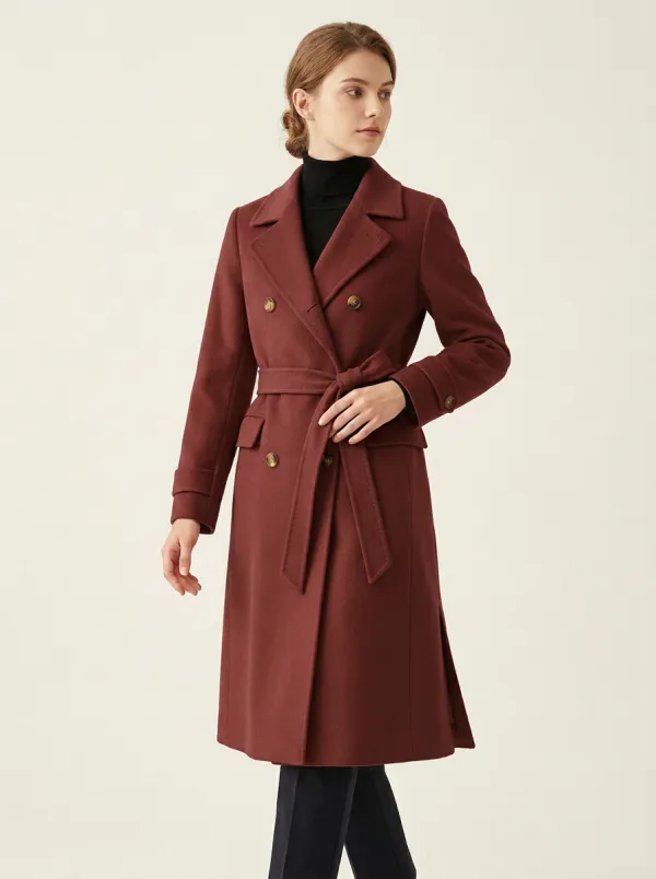 Women's Willow Classic Camel Double-Breasted Belted Wool Trench Coat