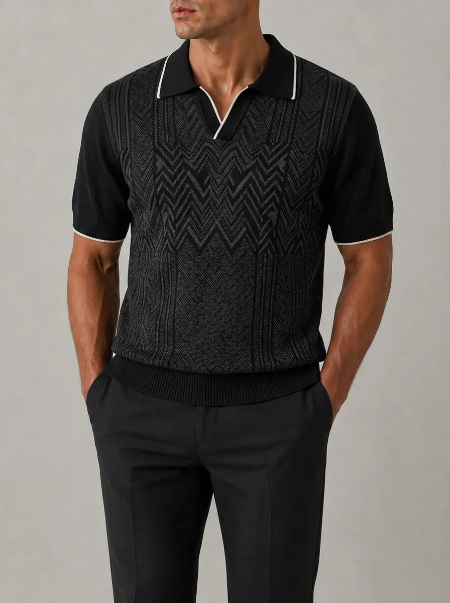Men's Geometric Pattern Knit Polo Shirt with Short Sleeves