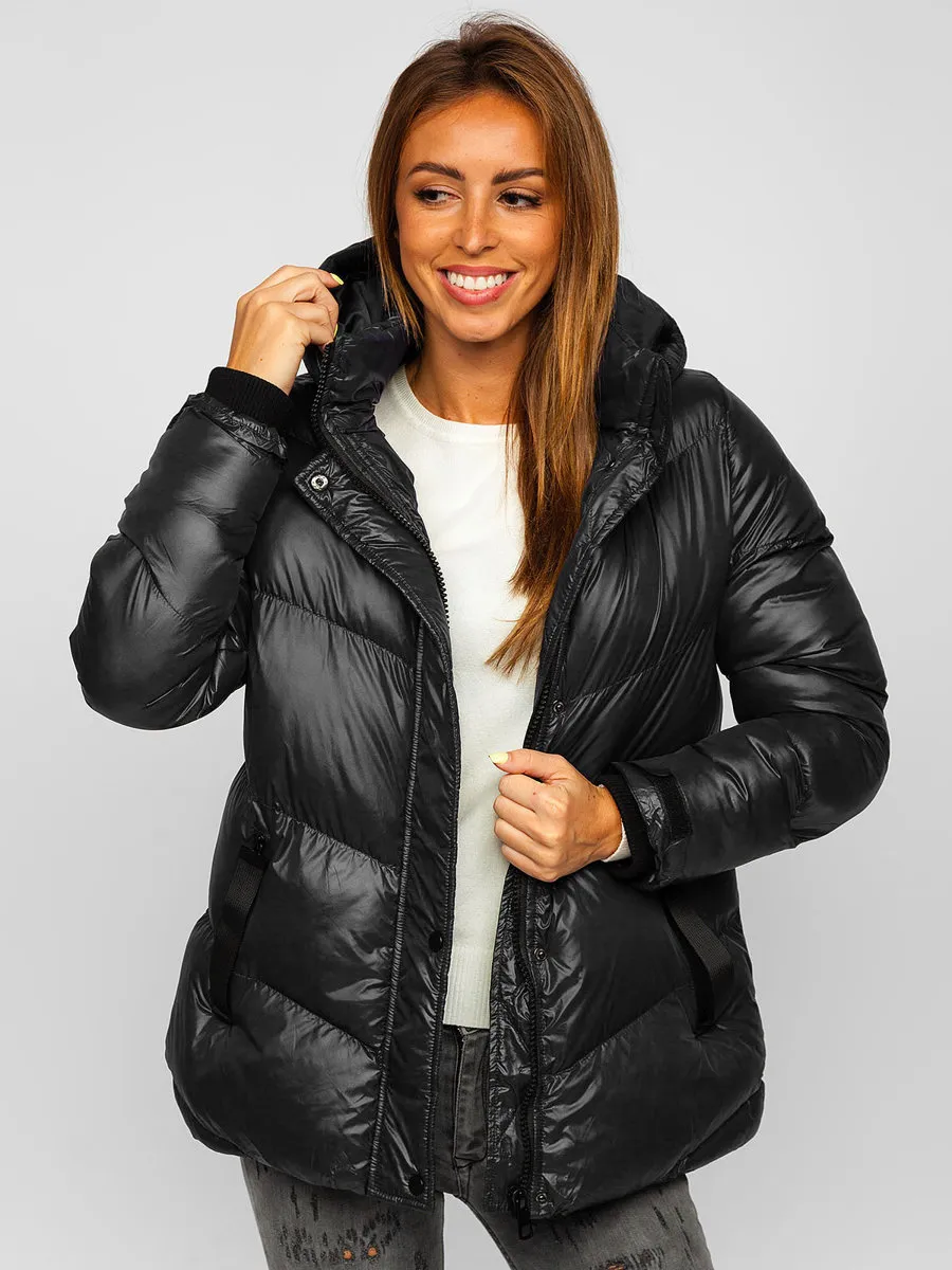 women's black quilted winter jacket with hood