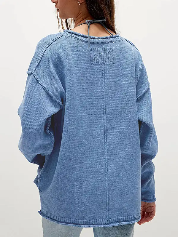 Paneled Round Neck Long Sleeve Relaxed Fit Easy Fit Sweater