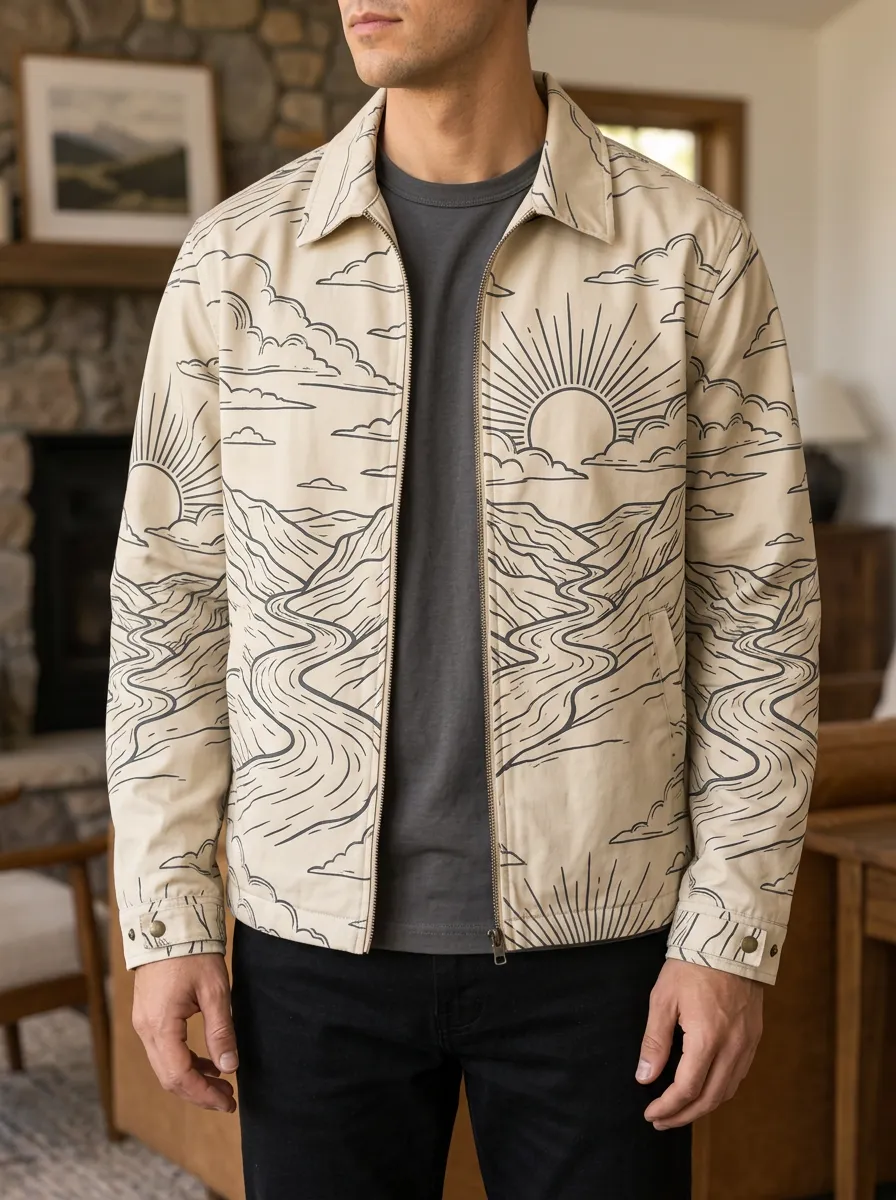 Men's Nature Lover Mountain Sun Landscape Printed Jacket