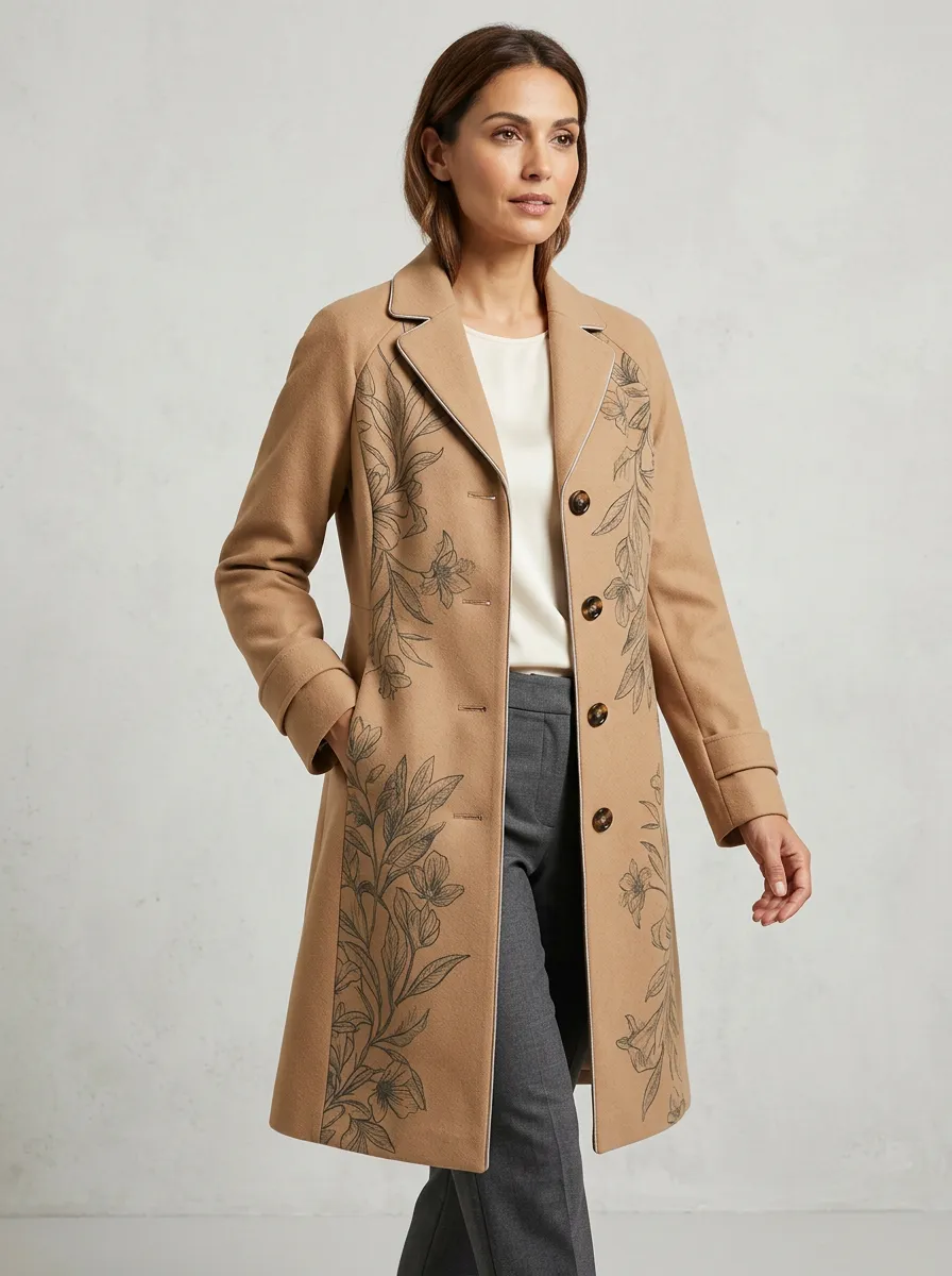 Women's Willow Botanical Floral Line Art Printed Coat
