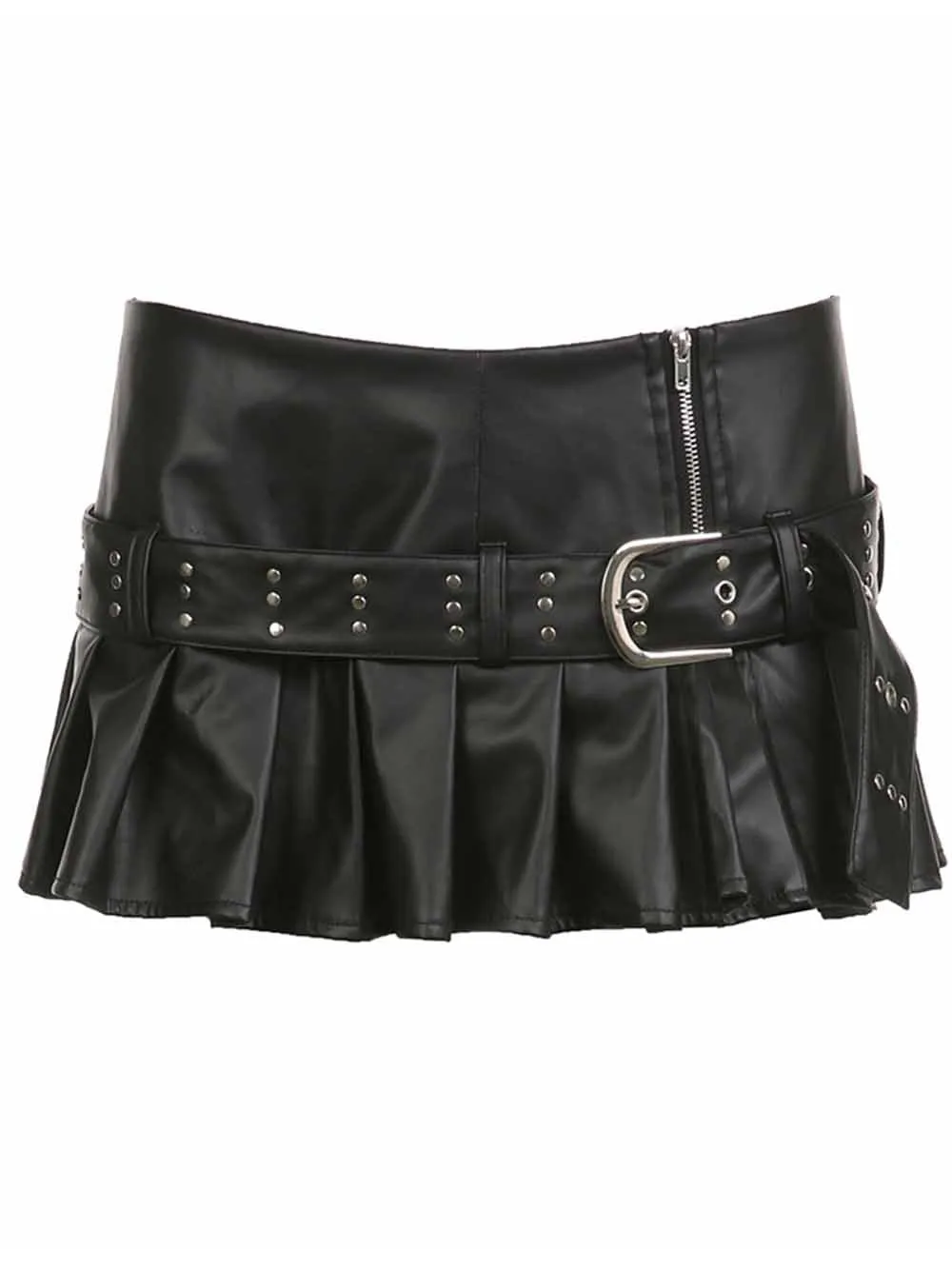 Faux Leather Metal Stud Belted Pleated Mini Skirt