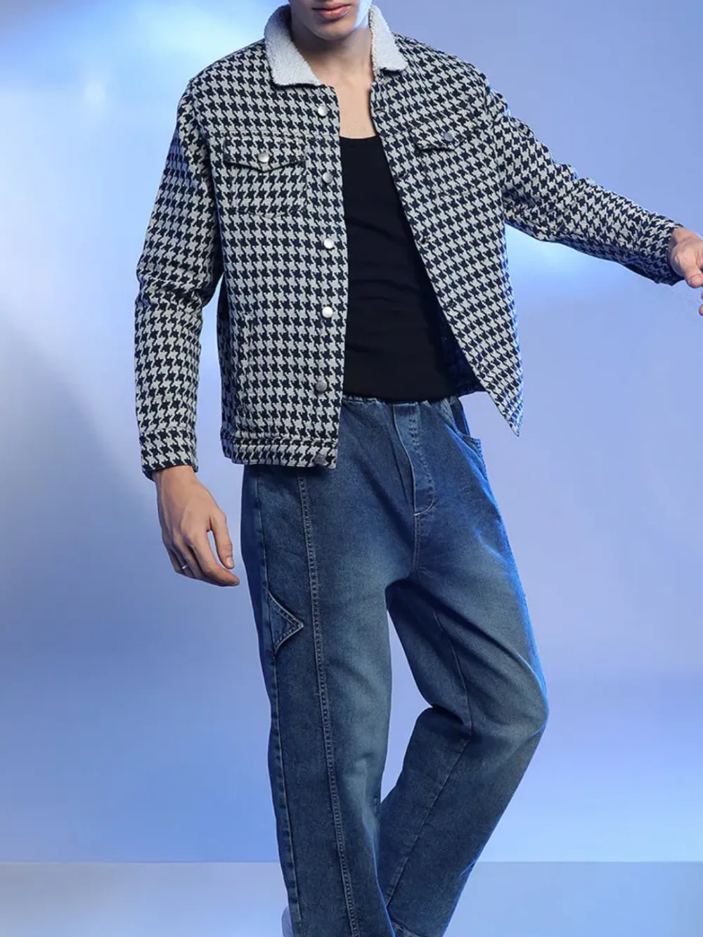 Houndstooth Pattern Sherpa Collar Jacket