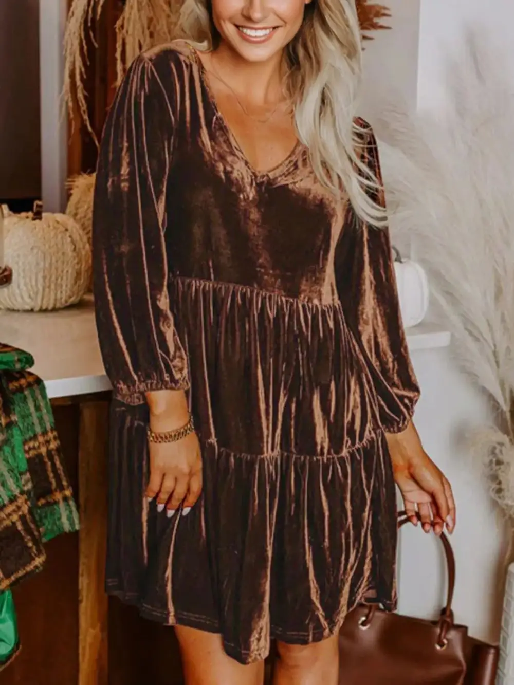 Velvet V Neck Tiered Mini Dress