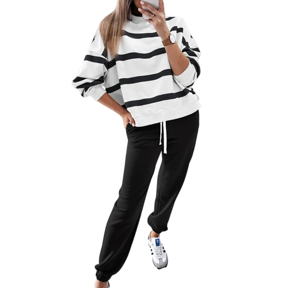 Women's Striped Two Piece Outfit Long Sleeve Drop Shoulder Pullover Tops & Jogger Pants