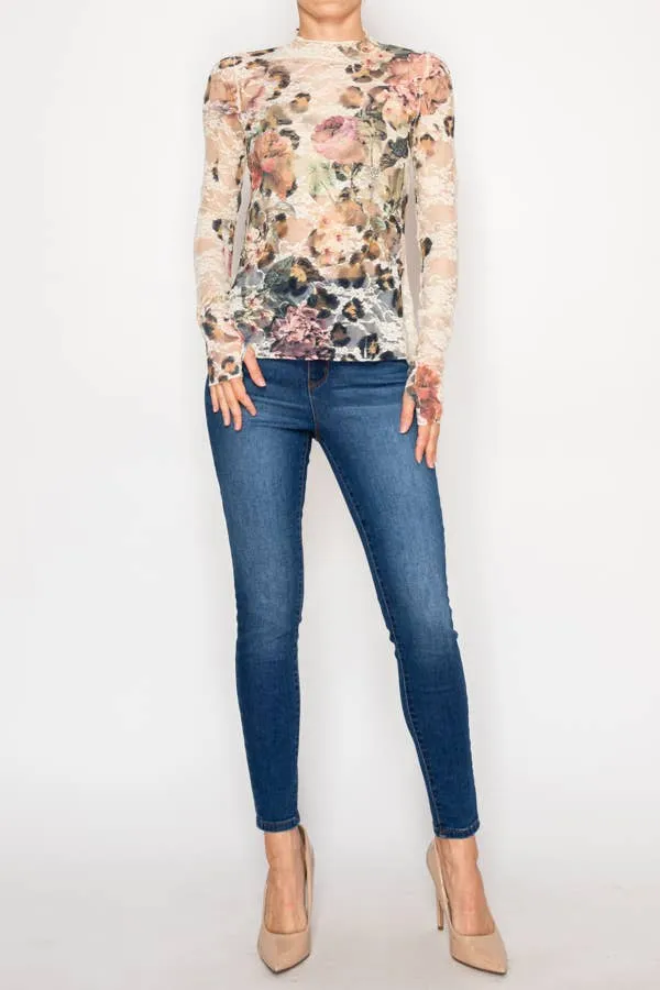 Floral Lace Trim Mesh Top