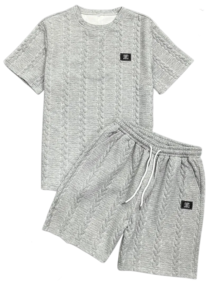 Men's Solid Textured Patched Tee & Drawstring Waist Shorts Set