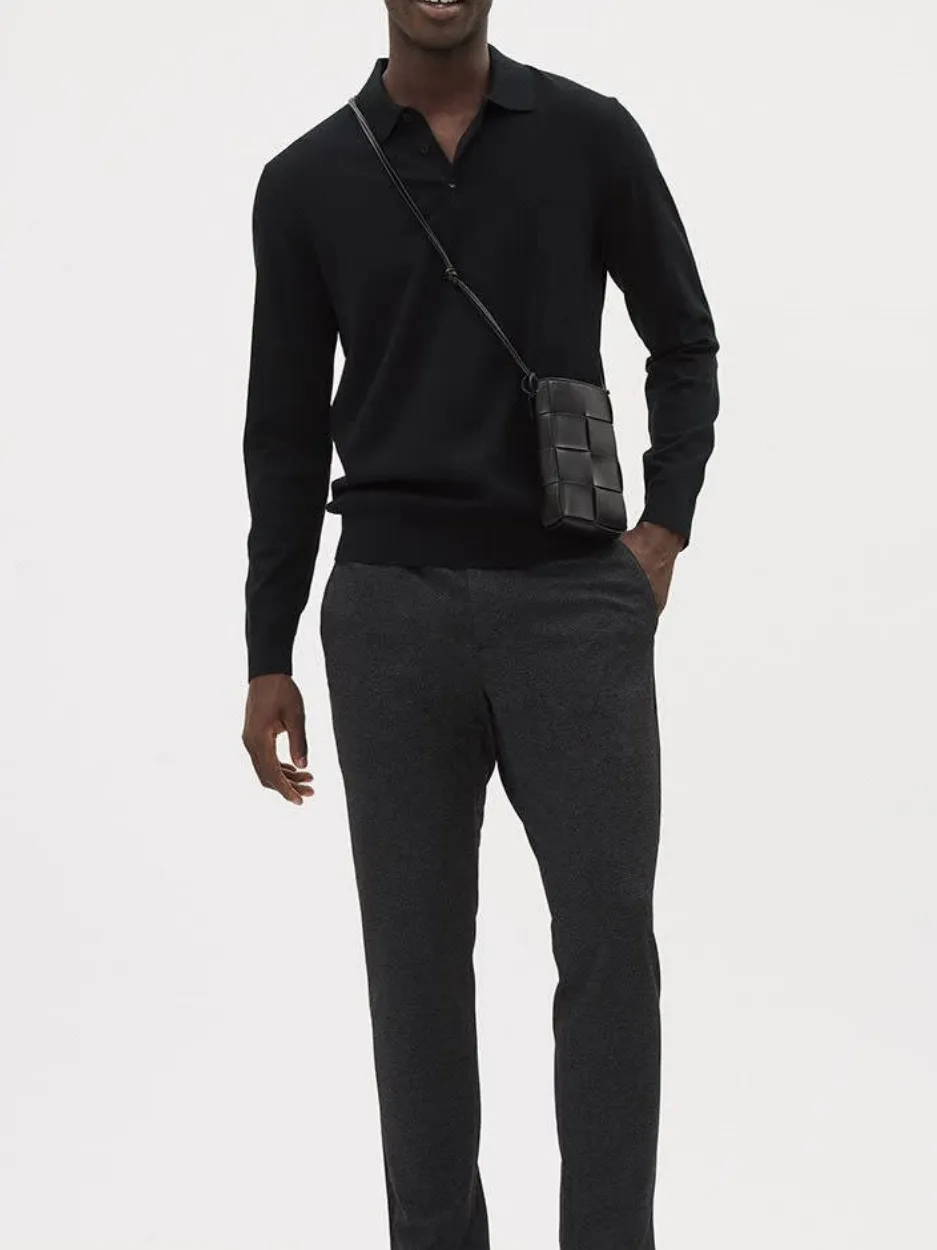 Black Cotton Long-Sleeve Polo Sweater