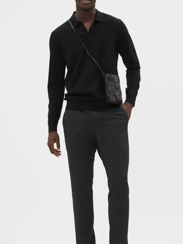 Black Cotton Long-Sleeve Polo Sweater